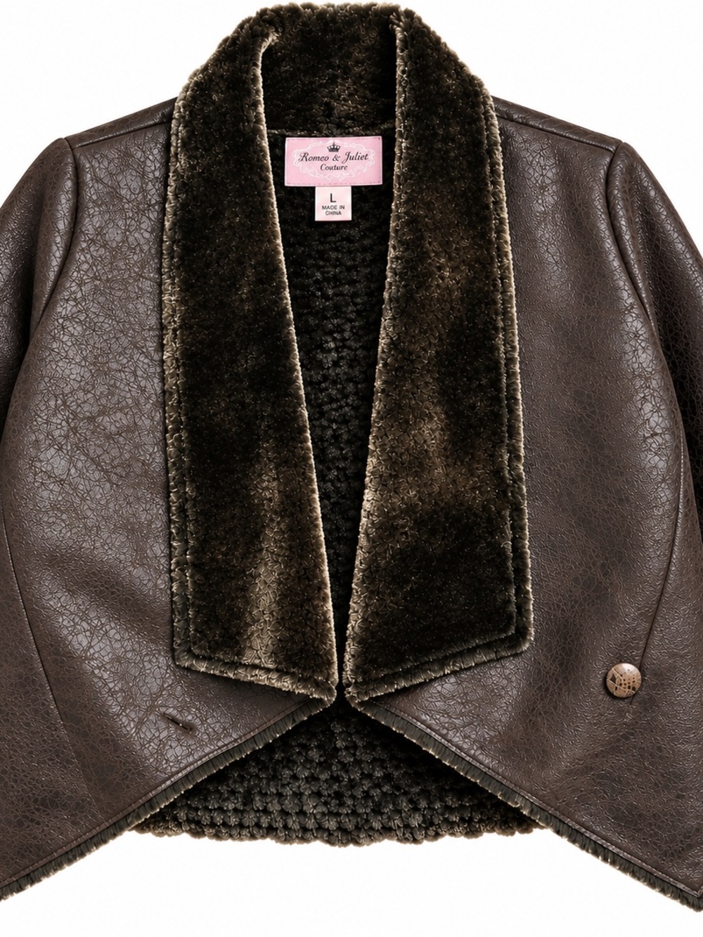 Romeo & Juliet Couture Dark Brown Faux-Leather Jacket with Plush Shawl Collar